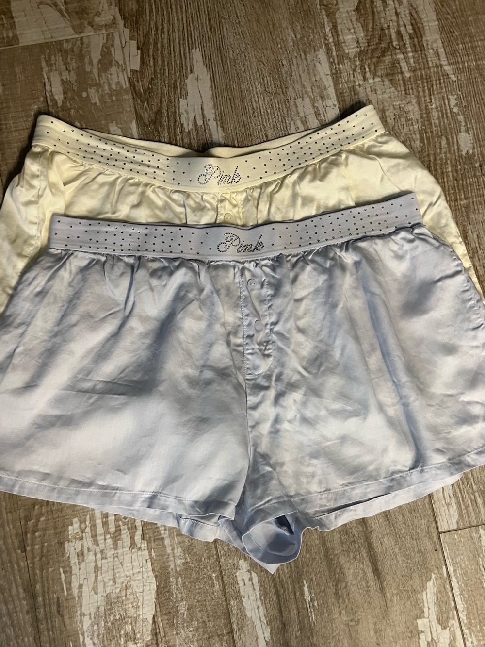 EUC!💗PINK VS silky TENCEL™ Lyocell Bling sleep Boxys!Set of 2! Blue& Cream! SzM!
